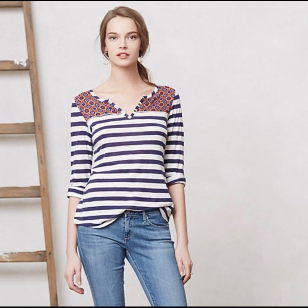 Anthropologie Postmark mixed print Henley blue and white striped size XS